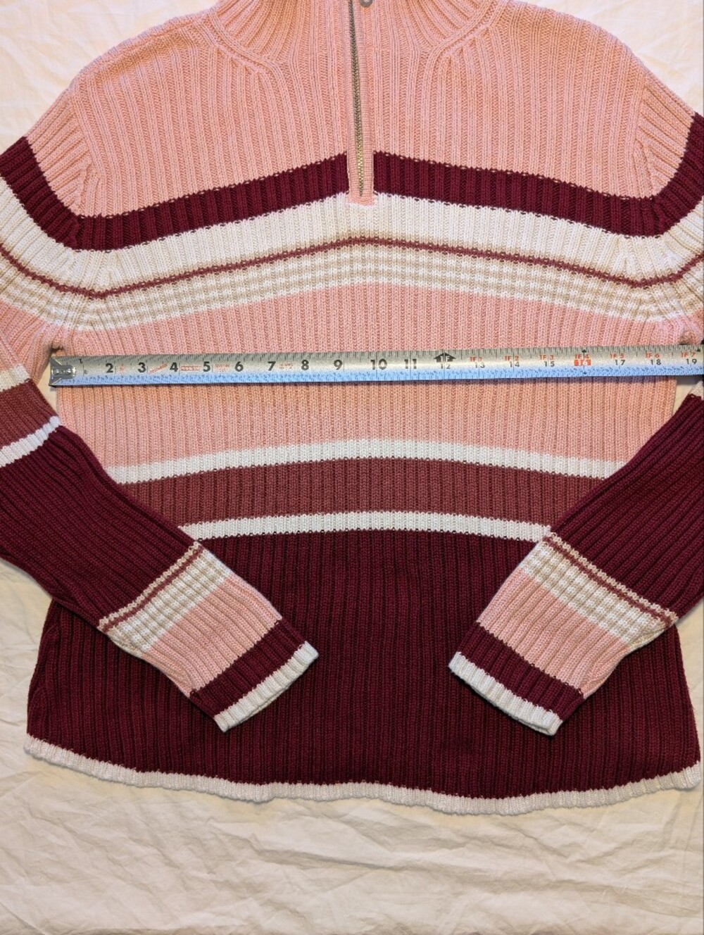 St. John's Bay Ribbed Striped Quarter-Zip Sweater in Pink, Burgundy, and Cream - Picture 4 of 7